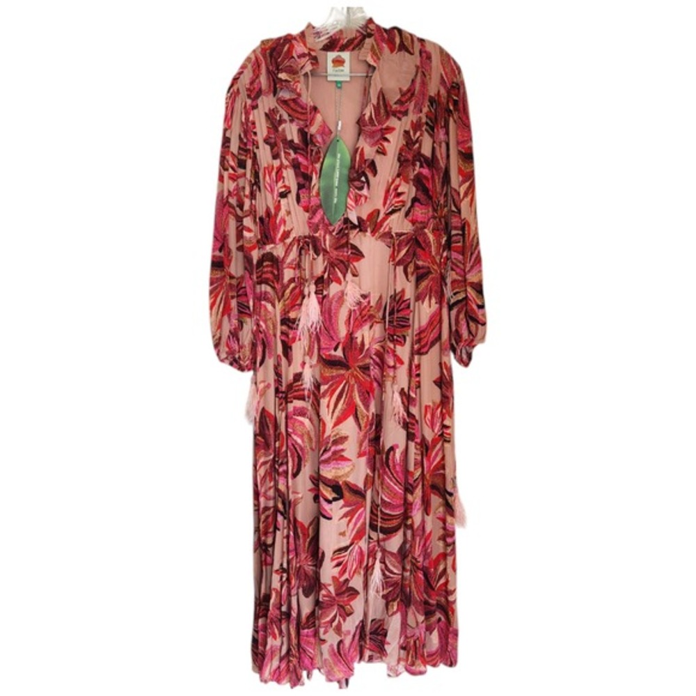 Farm Rio Floral Tapestry Dark Sand Maxi Dress‎ XS Long Sleeves Vacation NWT
